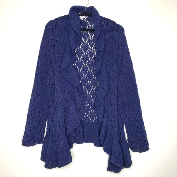 Plus Size 2X Long Sleeve Ruffle Trim Open Front Cardigan Navy Sweater Romantic - Picture 1 of 11